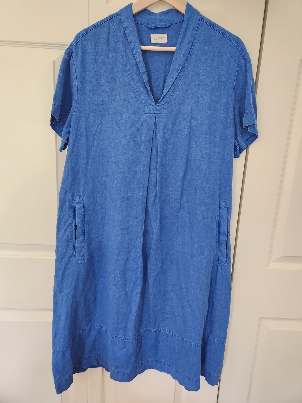 Poetry V-Neck Short Sleeve Blue Linen Dress